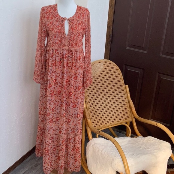 Xhilaration Dresses & Skirts - Sheer Fall Long Sleeve Maxi Dress Keyhole Ruffle Tiered Hem Prairie Cottagecore